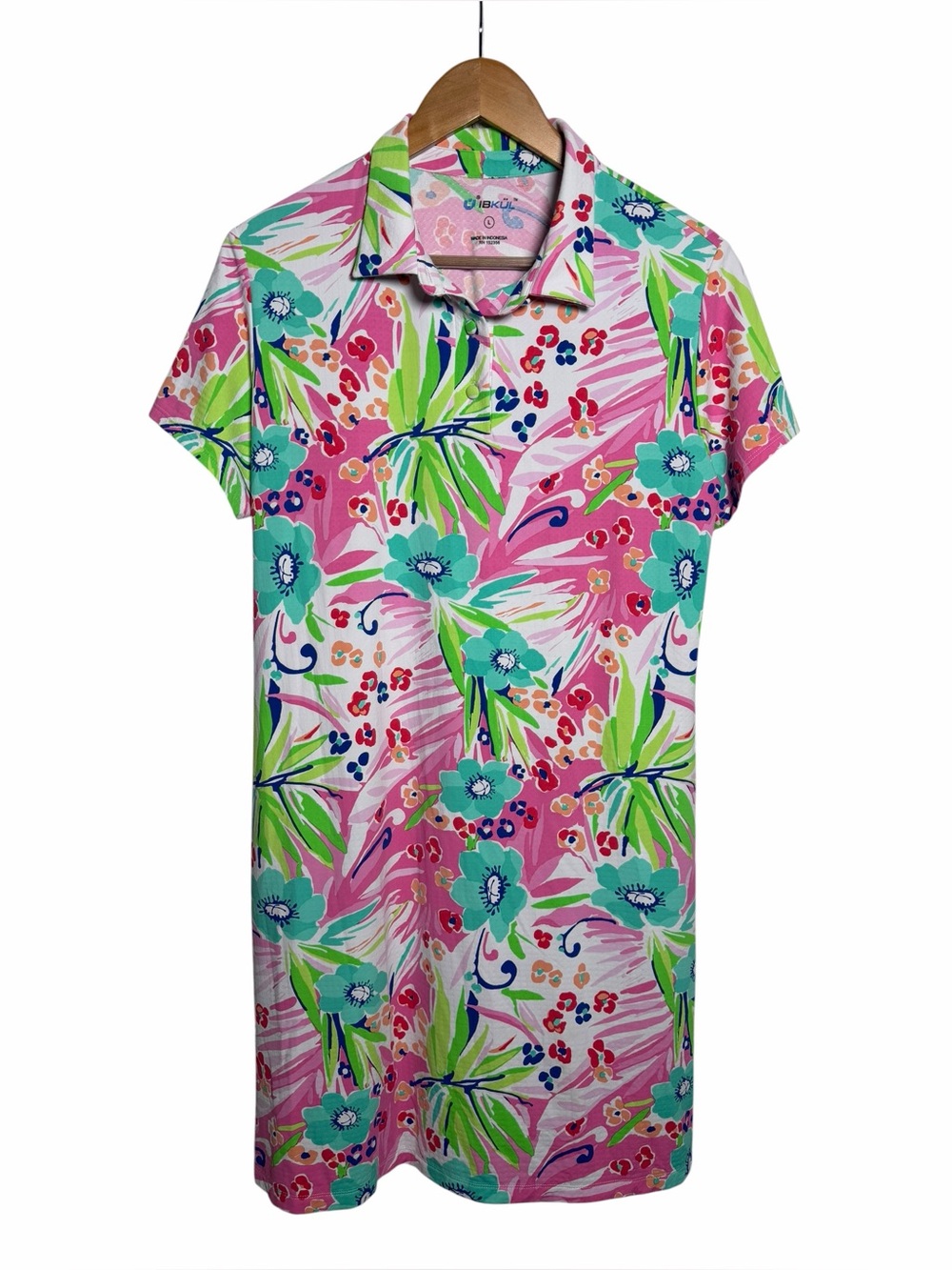 IBKUL Tropical Floral Polo Dress Pink Green Resort Golf Preppy Size Large